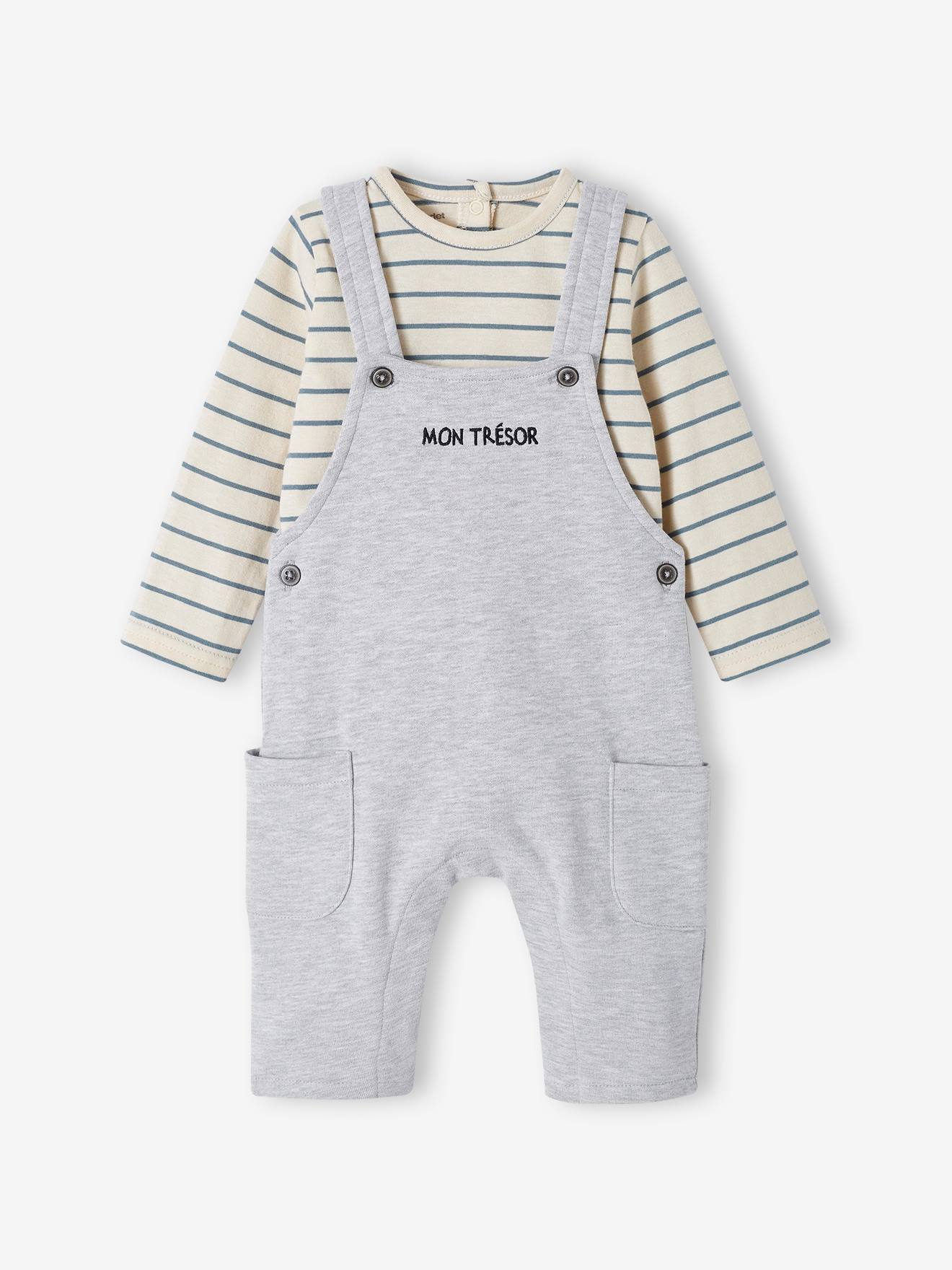 Vertbaudet Baby Set MON TRÉSOR: Shirt & Latzhose, personalisierbar Oeko-Tex - graublau