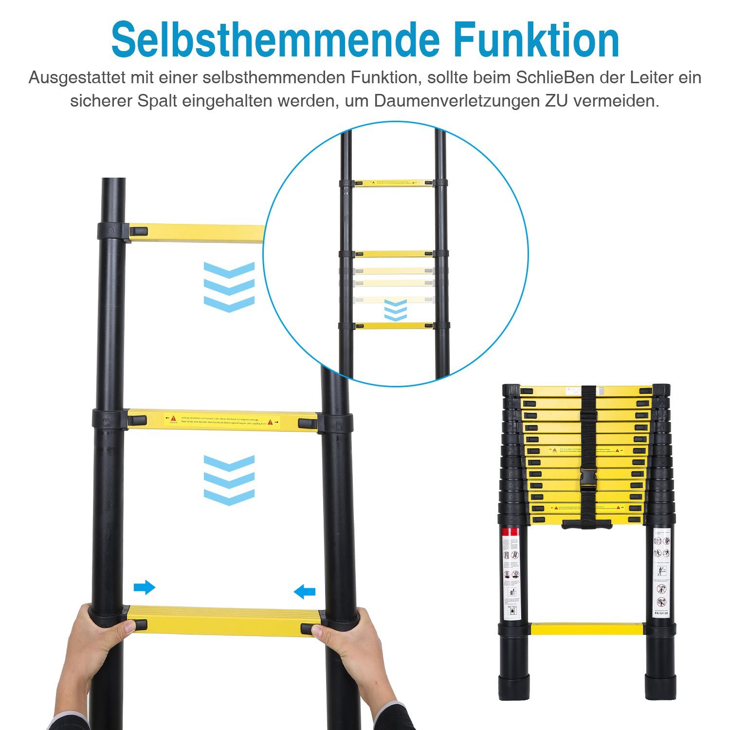 Lospitch Teleskopleiter Teleskopleiter Alu 3.8m Ausziehleiter Anlegeleiter mit haken