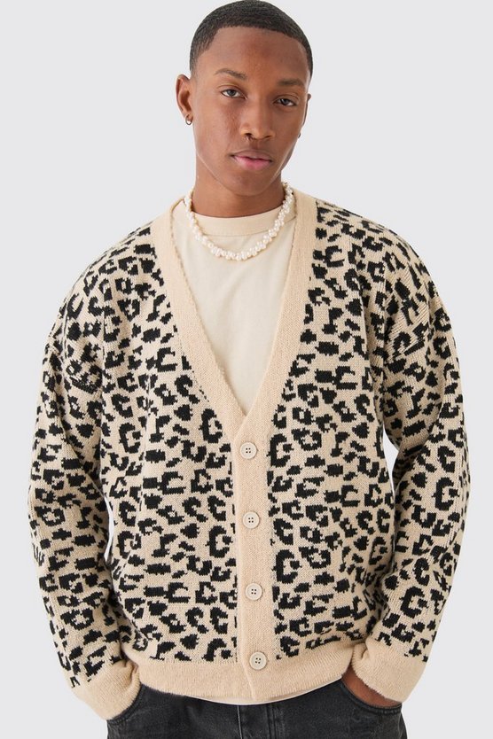 Kastiger Oversize Jacquard-Cardigan mit Leopardenprint