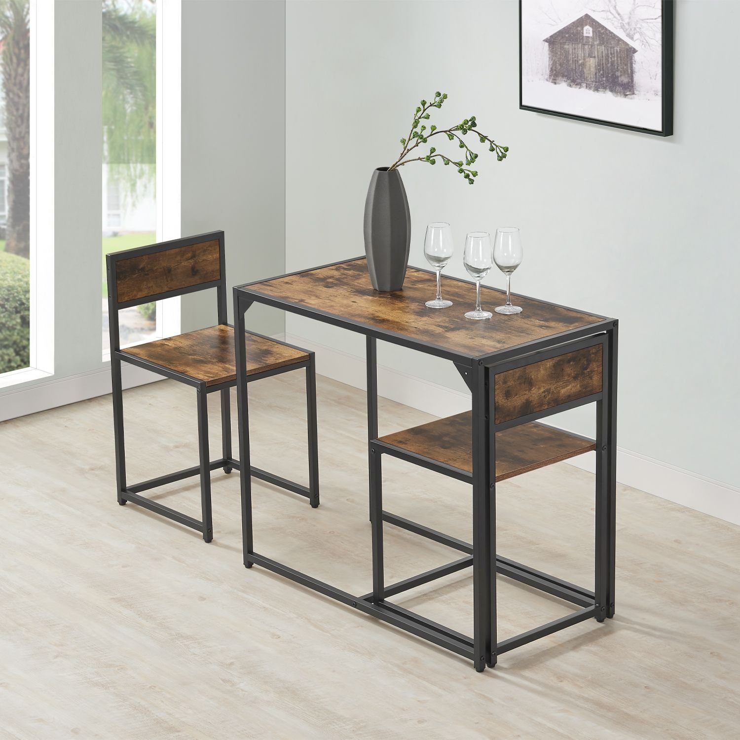 Juskys Küchentisch, 3-teilig, klein, platzsparend, für 2 Personen, Industrial Design