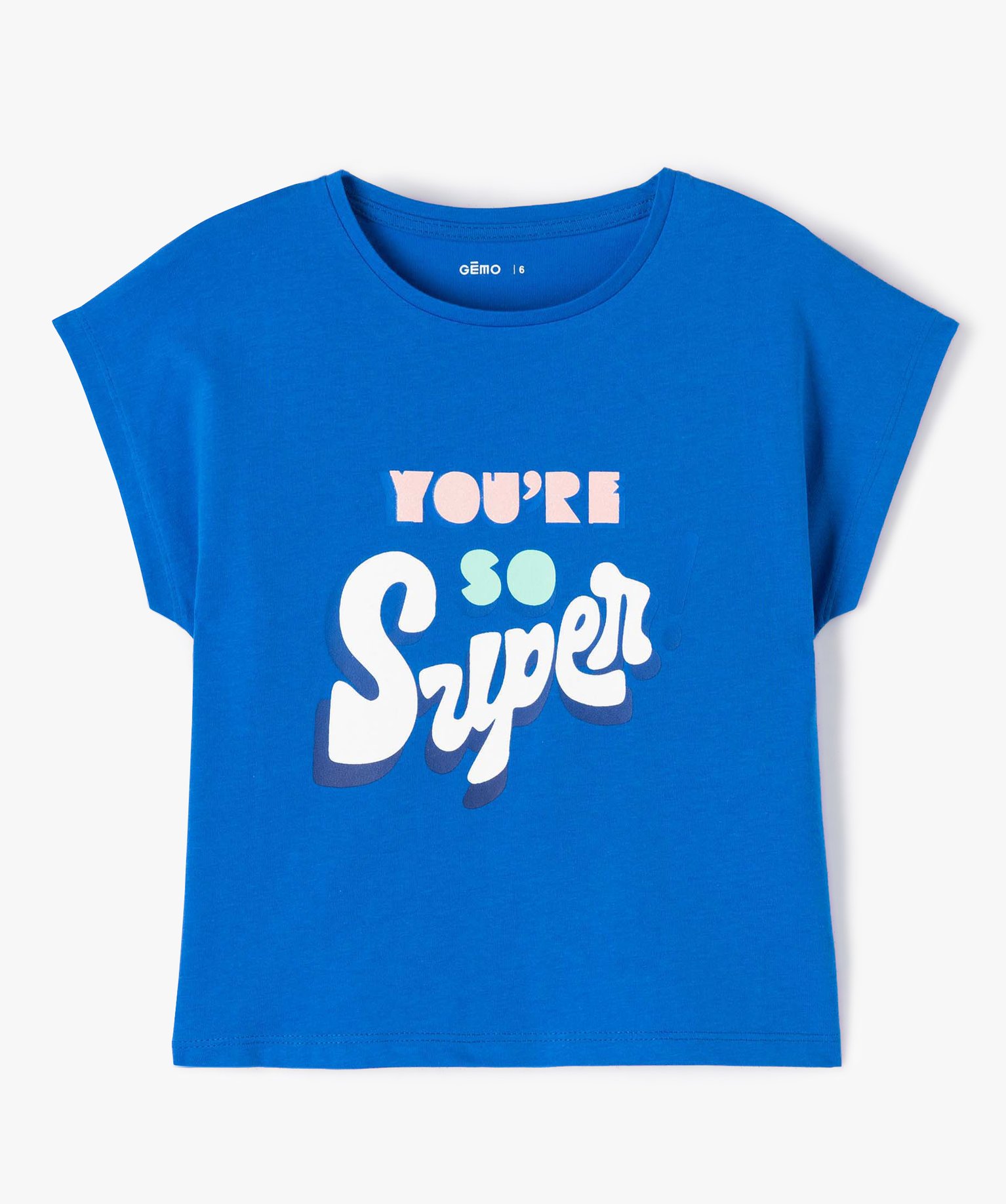 Tee-shirt fille ample à manches courtes avec motif pailleté bleu | GEMO