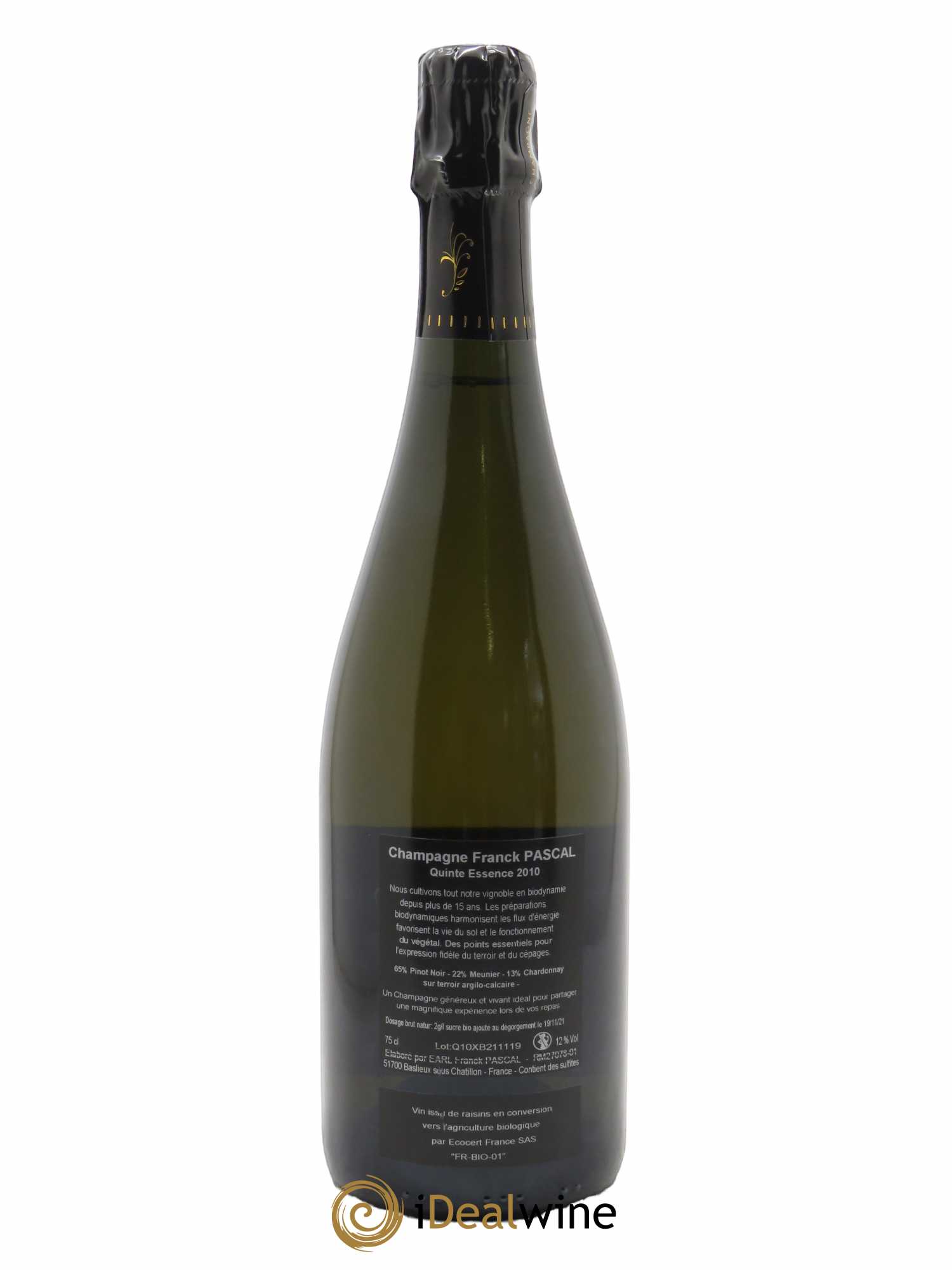 Quinte Essence Blanc de Noirs Extra Brut Franck Pascal  2010 - Lot de 1 Bouteille