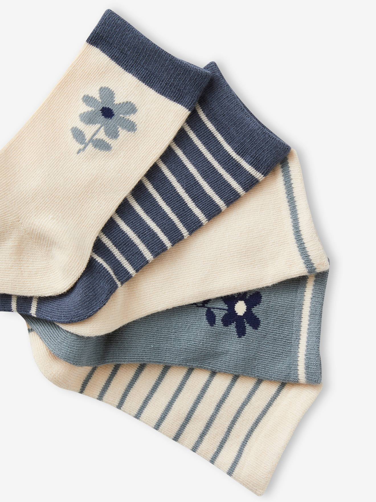 Lot de 5 paires de chaussettes fleurs/rayures fille marine