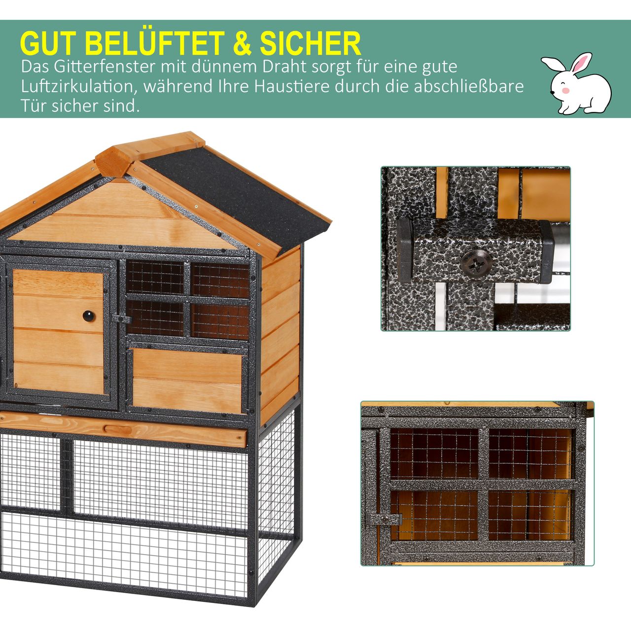 PawHut Kaninchenstall erhöhtes Haus mit Abschließbare Tür Outdoor Holz-Metall
