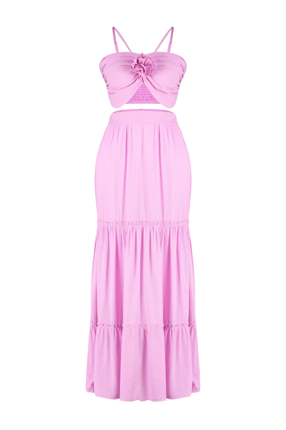 Trendyol Collection  Rosa gewebtes Blusenrock-Set mit Blumenapplikationen TBESS24AU00021
