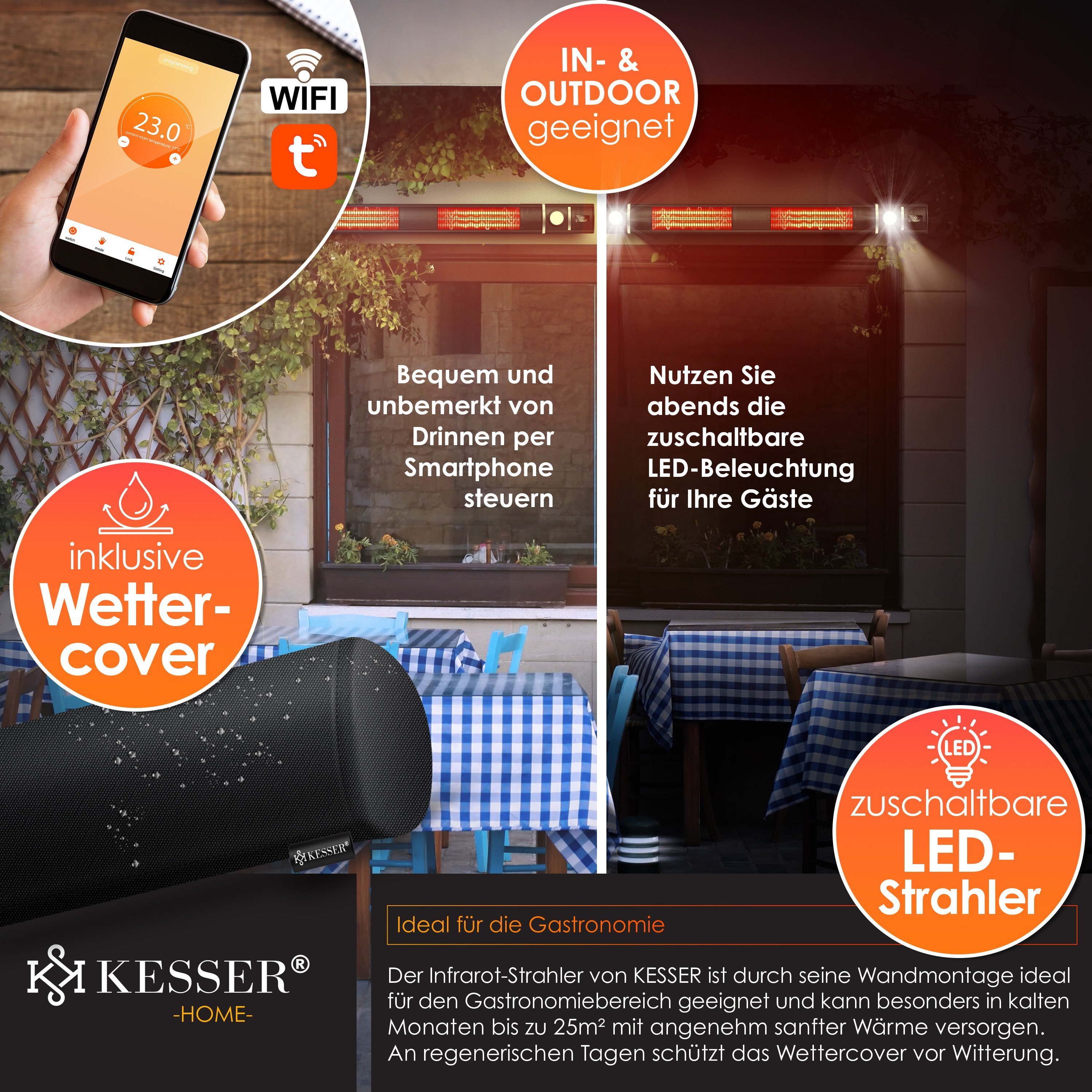 KESSER Heizgerät, Infrarot Heizstrahler 3000W Heizer IR-Gastro-Bar + LED, Fernbedienung