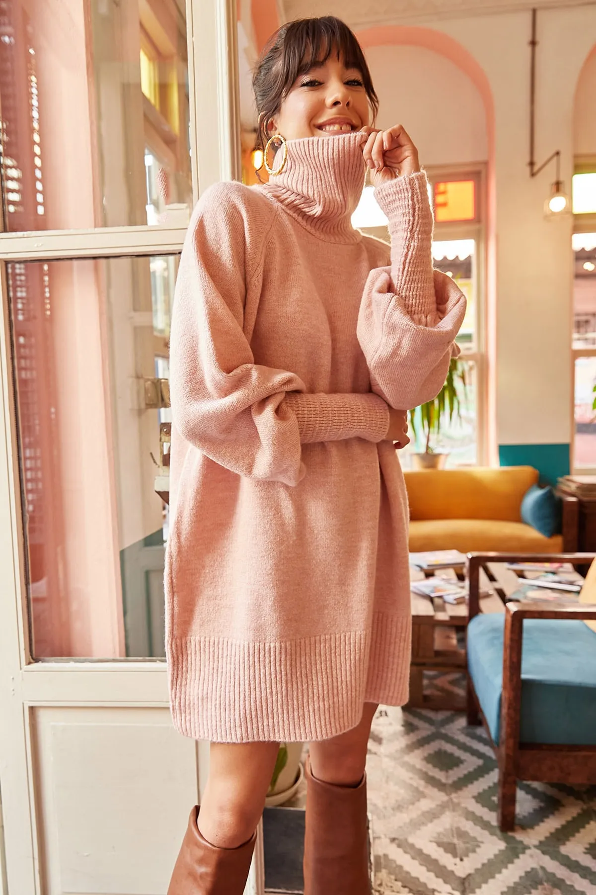 Olalook  Damen-Puder-Rollkragenpullover mit Ballonärmeln, lockeres Strickkleid ELB-19000867