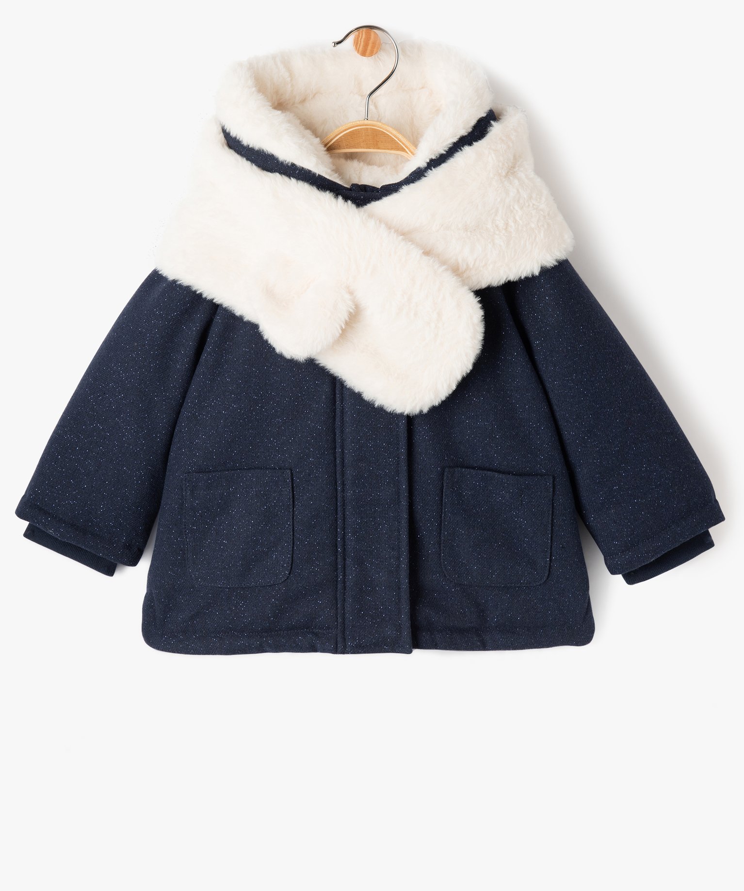 Manteau à capuche doublé peluche avec écharpe bébé fille bleu fonce | GEMO