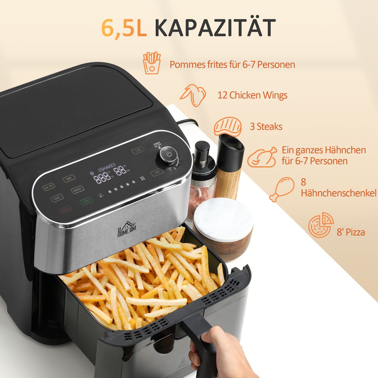 HOMCOM 4 in 1 Design Heißluftfritteuse 6,5 L 1350 W mit Digitalem Screen