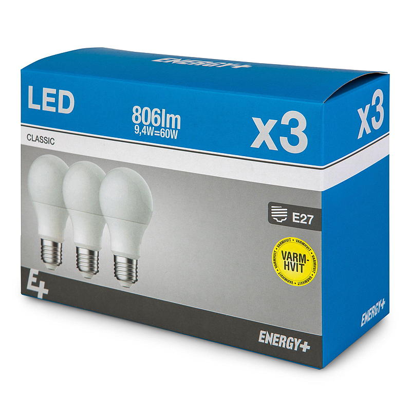Energy Lyspære LED 806 lm 3-pk Classic E27 A60