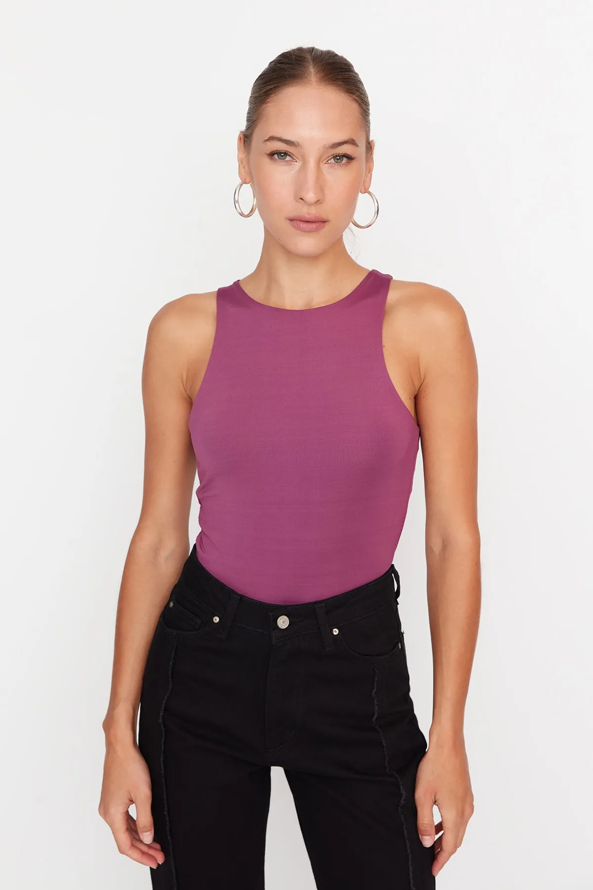 Trendyol Collection  Pflaumenfarbener Neckholder-Body mit flexiblem Druckknopf-Strick-Body TWOSS20BD0044
