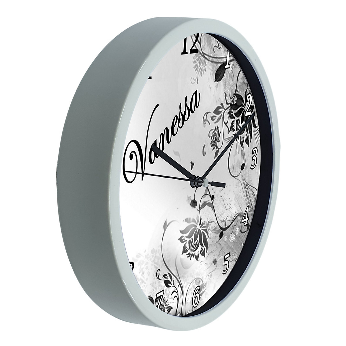Kinder Wanduhr personalisiert mit Name Blumenranke Schwarz