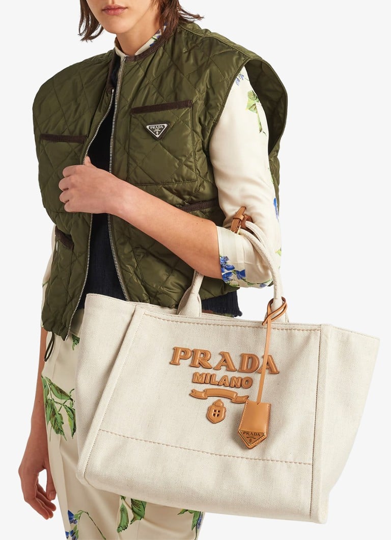 Prada Large shopper in linen blend with leather details
