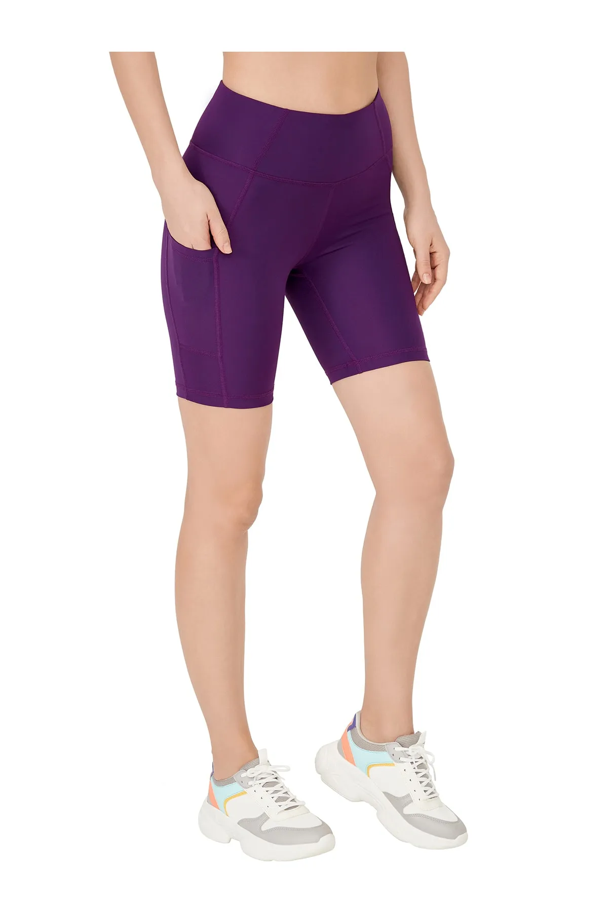 LOS OJOS  Lila Damen-Kompressor-Biker-Shorts mit hoher Taille und doppelter Tasche, kurze Sport-Tights