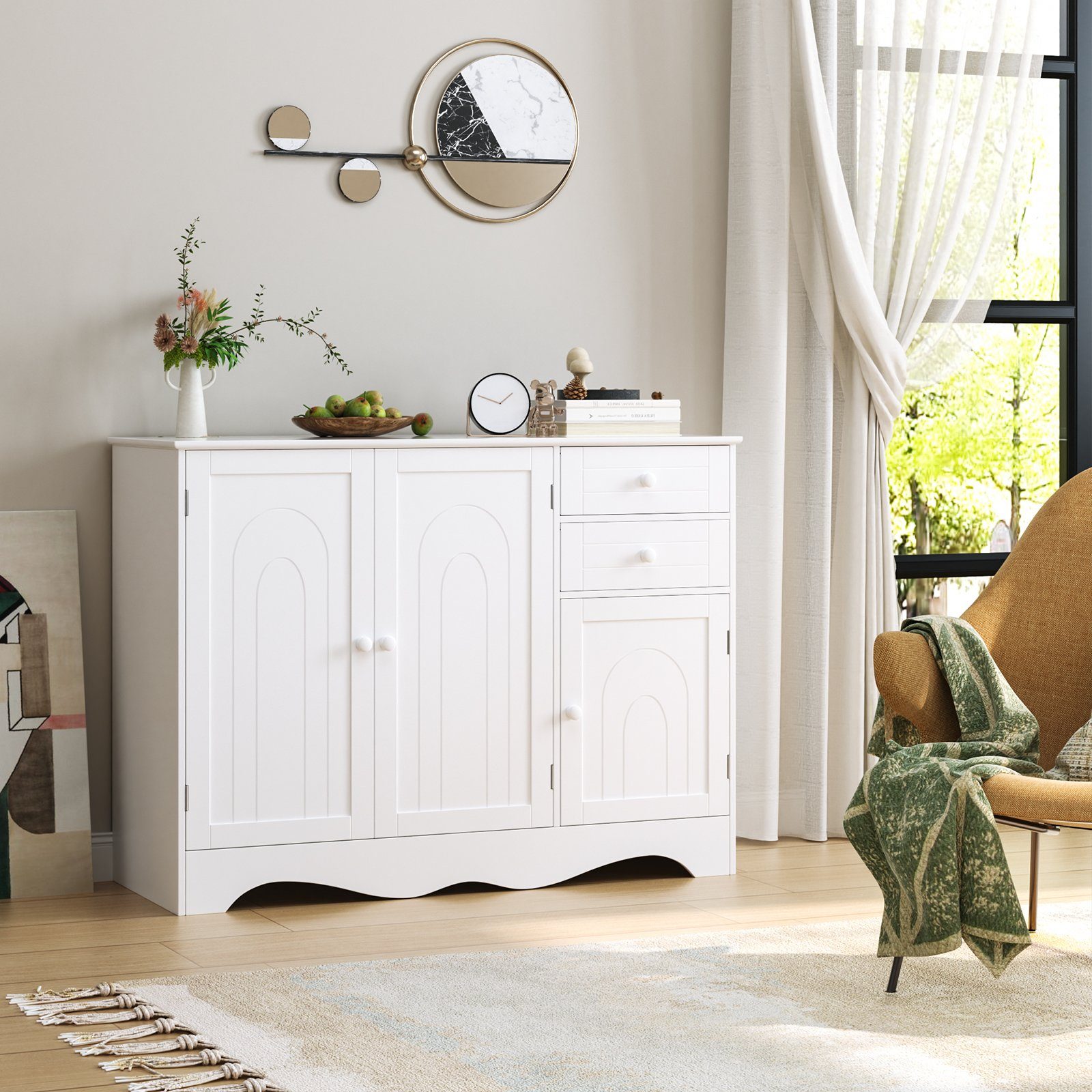 HOMECHO Kommode, Sideboard Weiß Buffetschrank mit 2 Schubladen und 3 Türen
