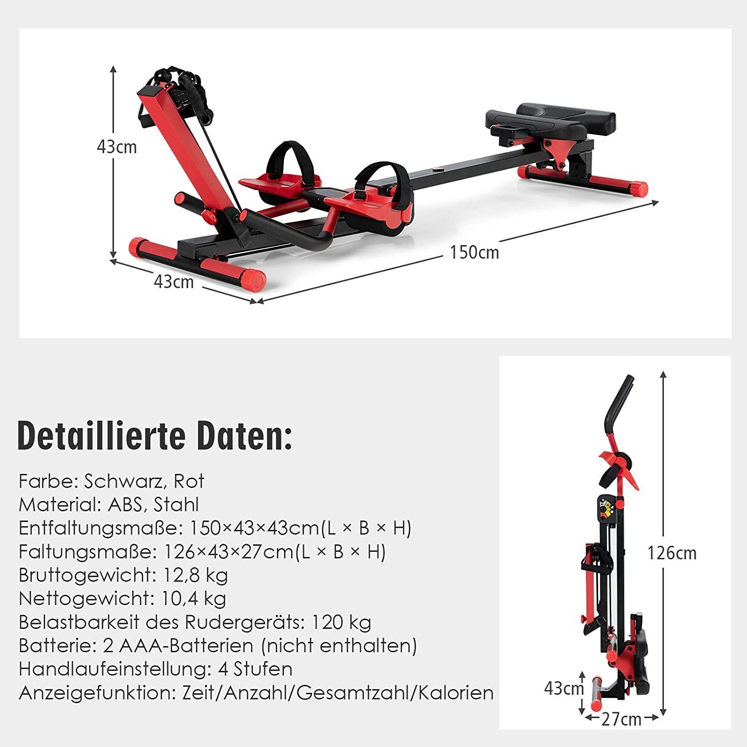KOMFOTTEU Rudergerät 4 in 1 Rudergerät, Fitnessgerät mit Einstellbarer Spannung & Winkel