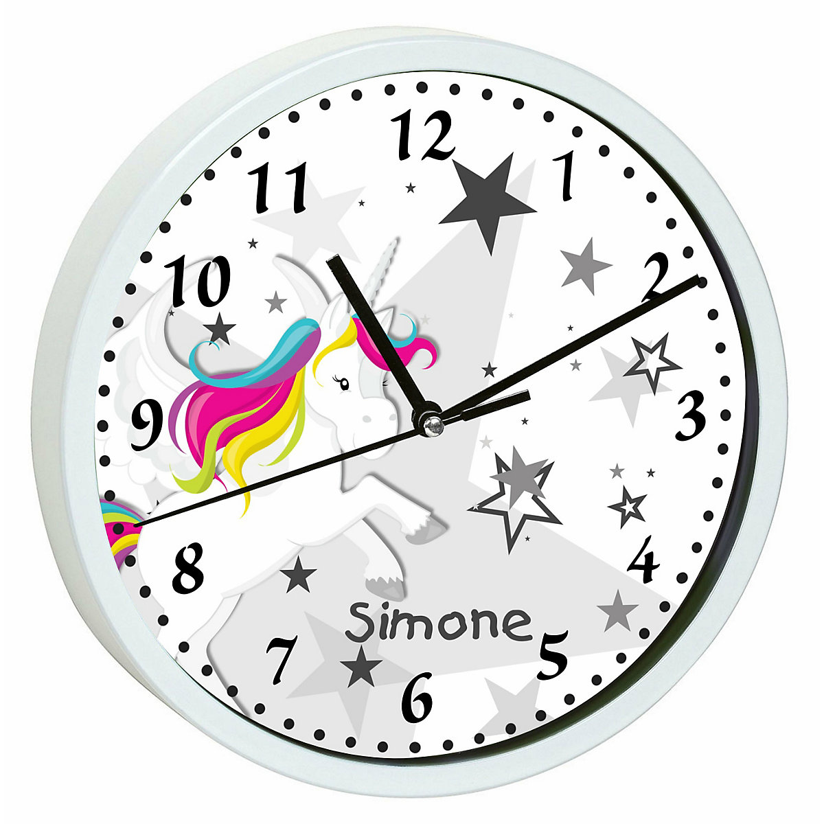 Kinder Wanduhr personalisiert mit Name Pegasus Sterne Grau