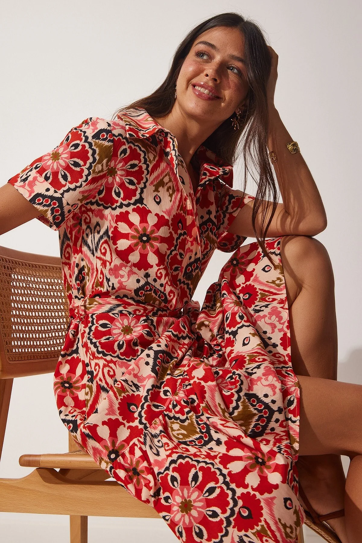 Happiness İstanbul  Ziegelbeige gemustertes Sommer-Hemdblusenkleid aus Baumwolle für Damen MX00100