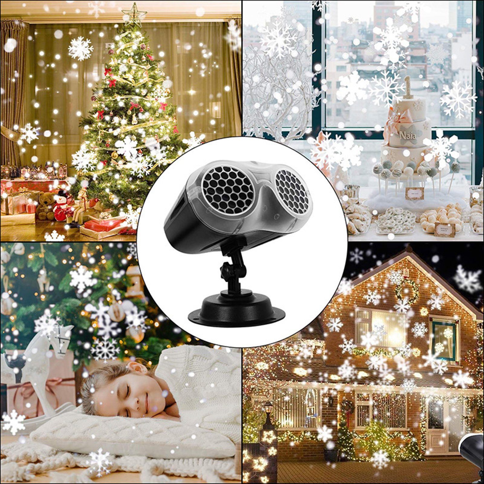 farfi Gartenleuchte Wasserdichte Doppelkopf-Weihnachts-LED-Schneeflockenprojektorlampe, Weiss, mit Fernbedienung, Timing-Funktion, Rotationsmodus