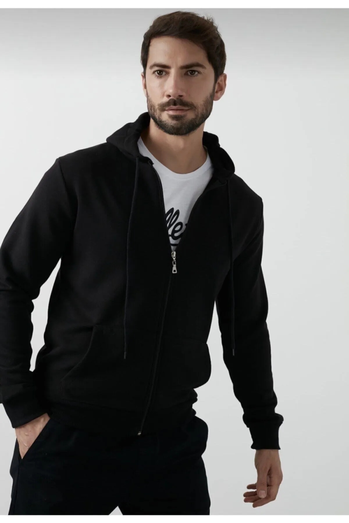 Türebutik  Schwarze Unisex-Kapuzenjacke mit Reißverschluss und Band innen
