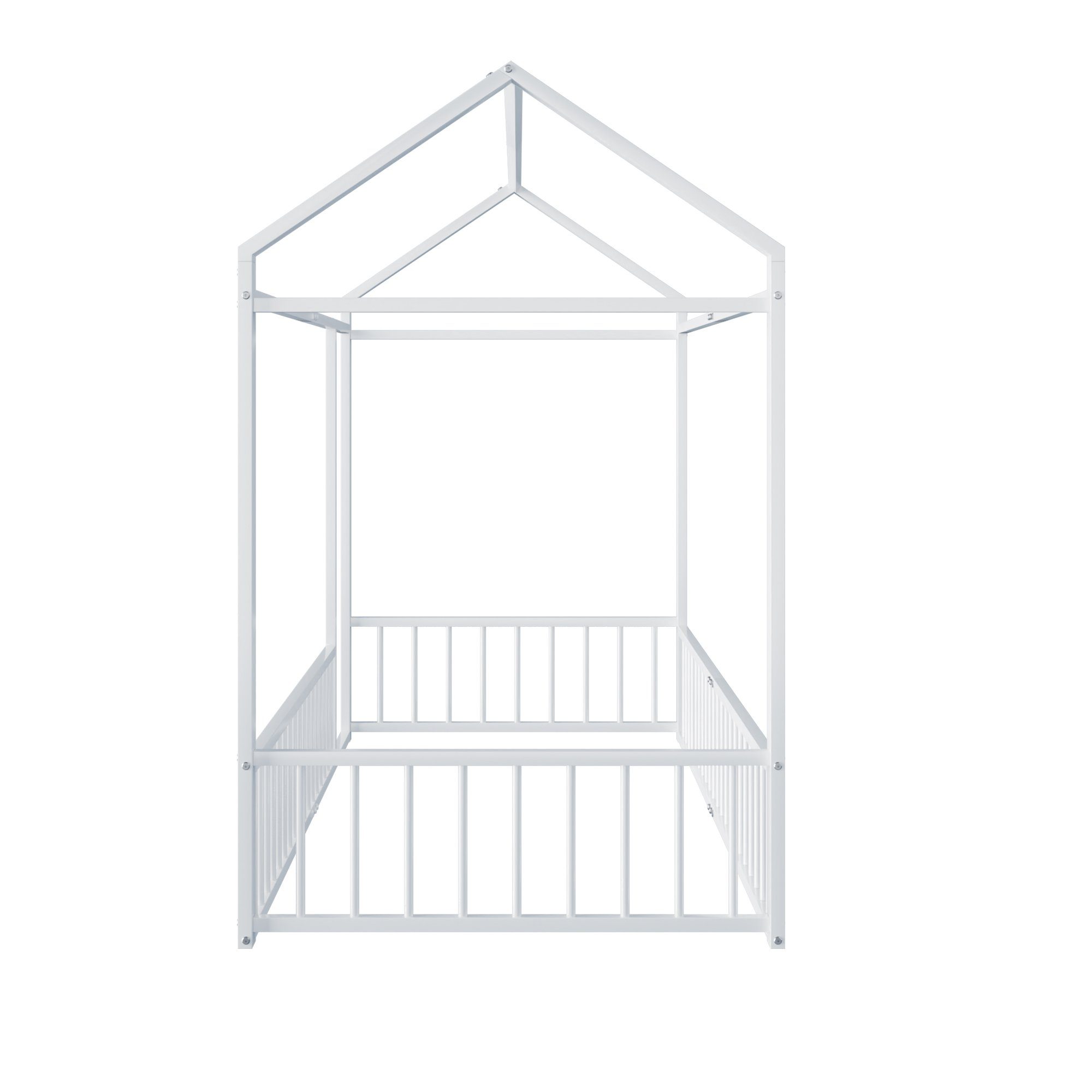 Flieks Metallbett, Kinderbett Hausbett Einzelbett 90X200cm mit Dach ohne Lattenrost