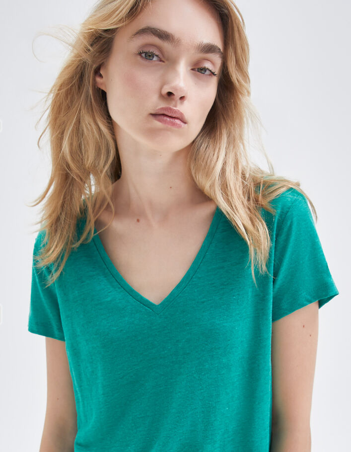 Tee-shirt menthe en maille de lin brodée Femme