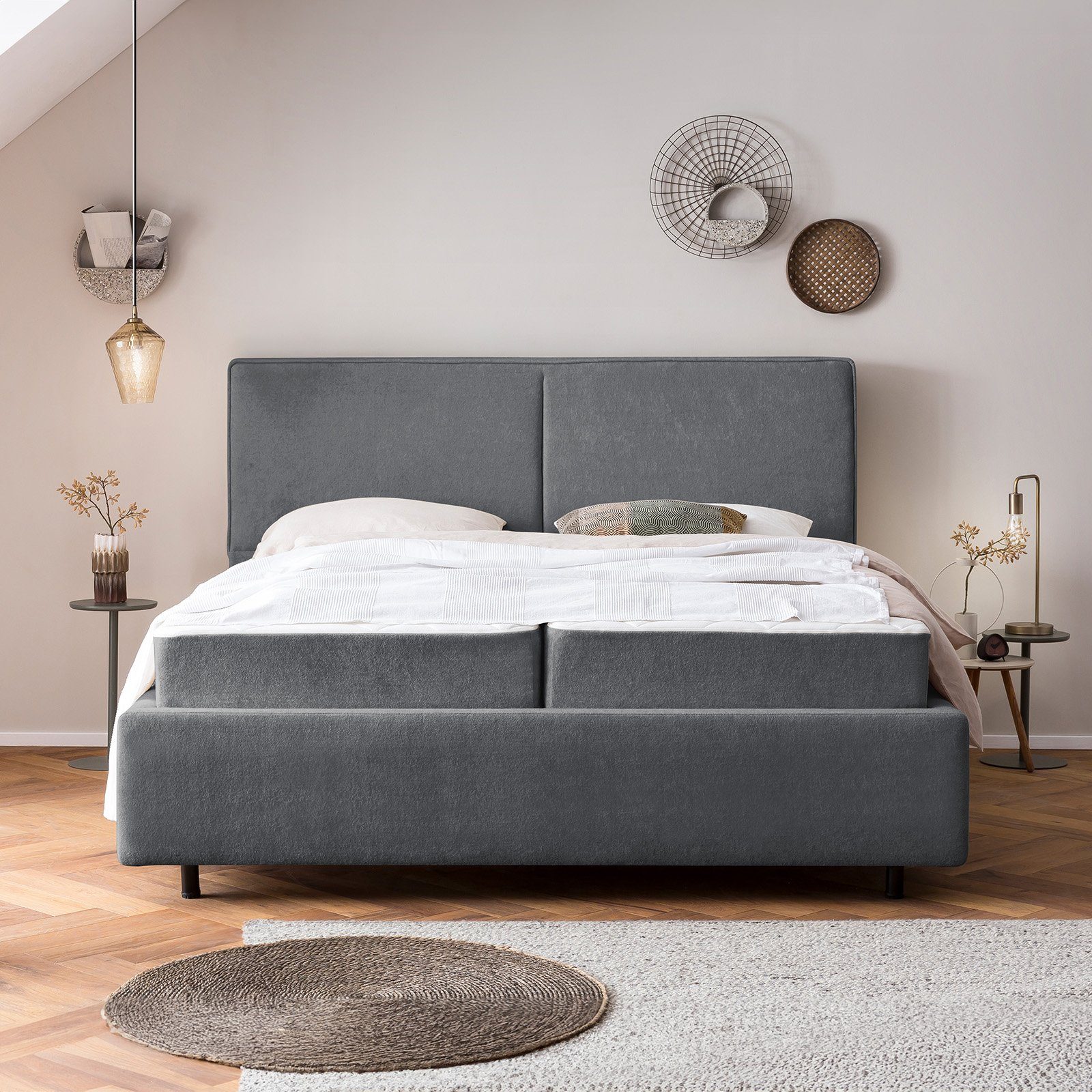 BettCo Stauraumbett Bari (in Dunkelgrau Teddystoff, 140 x 200 cm), Bettkasten XXL, optionale Matratze, mit Lattenrost, Runde Metallfüße