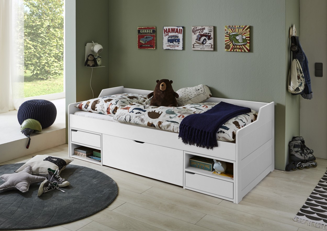 Relita RELITA - Kojenbett LEVI 90x200 Buche massiv weiß lackiert, inkl. Rollrost, 3 Schubladen, 2 Fächer
