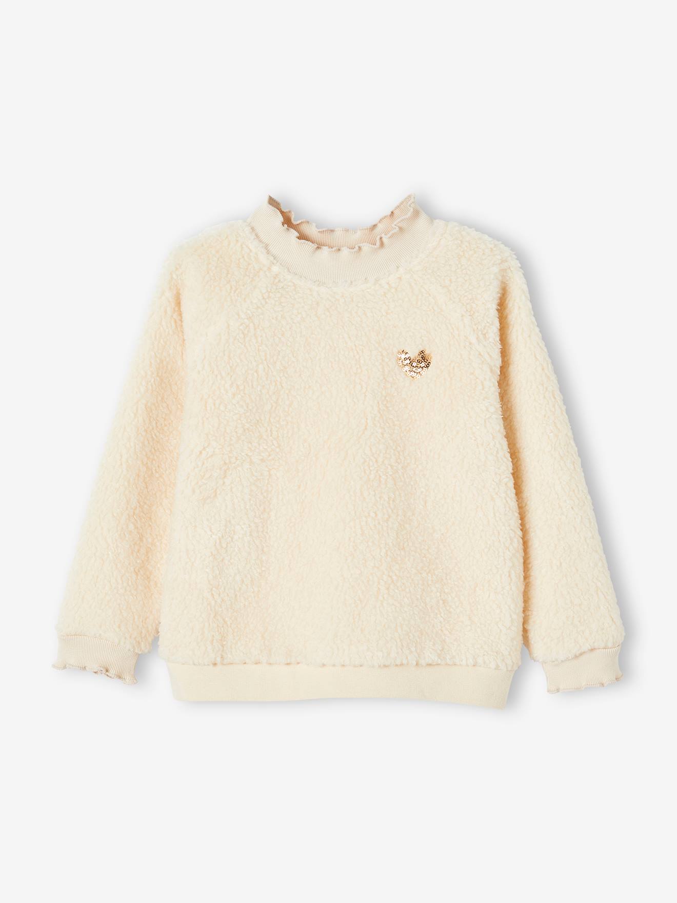 Sweat en sherpa fille finitions fantaisie beige
