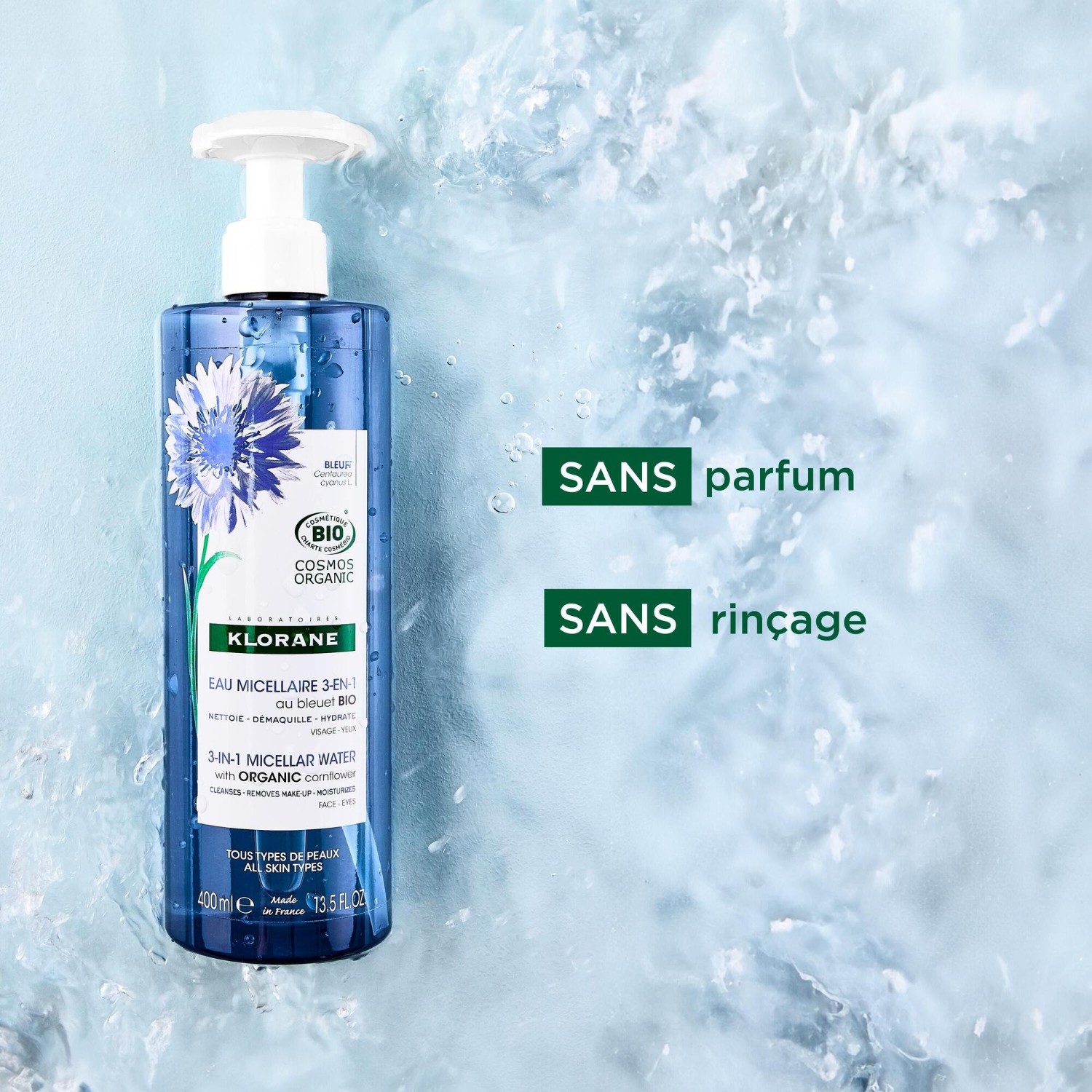 Acqua micellare 3 in 1 Klorane con fiordaliso biologico