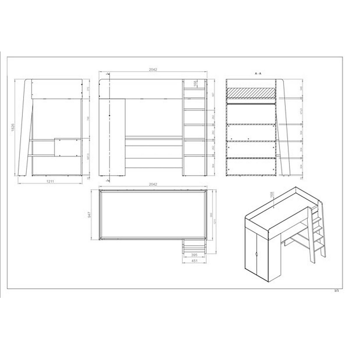 Hochbett Tom Kinderbett 90x200cm grifflos mit Matratze
