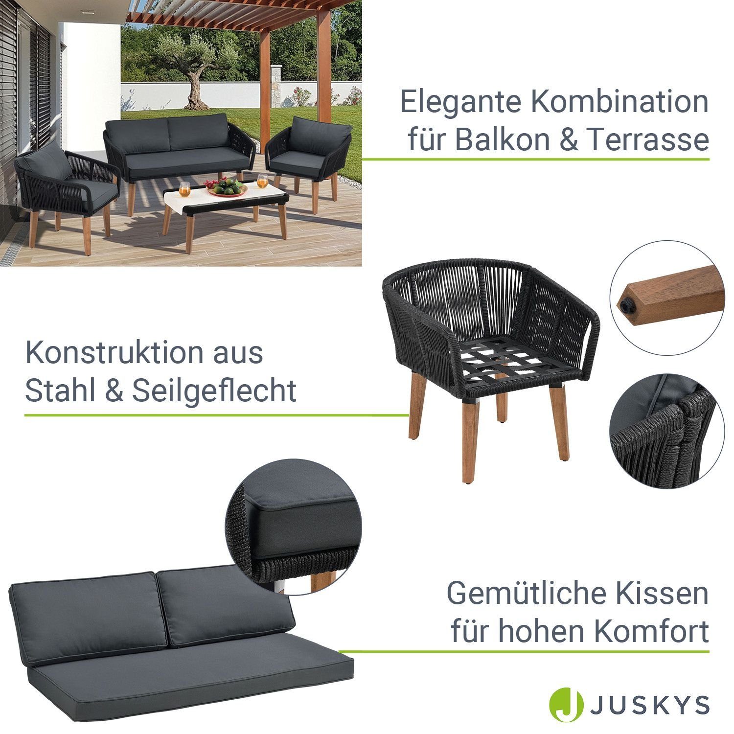 Juskys Gartenlounge-Set Neapel, (4-tlg), Seilgeflecht Sofa mit Tisch, 2 Sessel und Polster, für 4 Personen