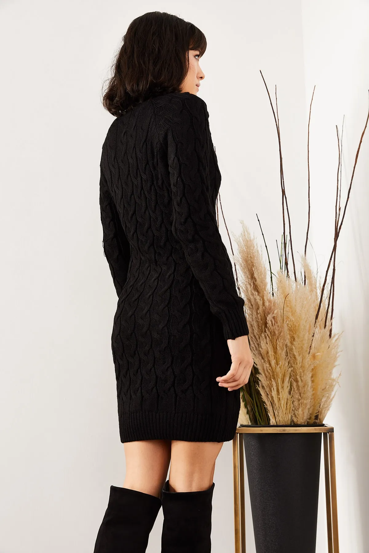 Olalook  Schwarzes geflochtenes Strickkleid mit Reißverschluss für Damen ELB-19001362