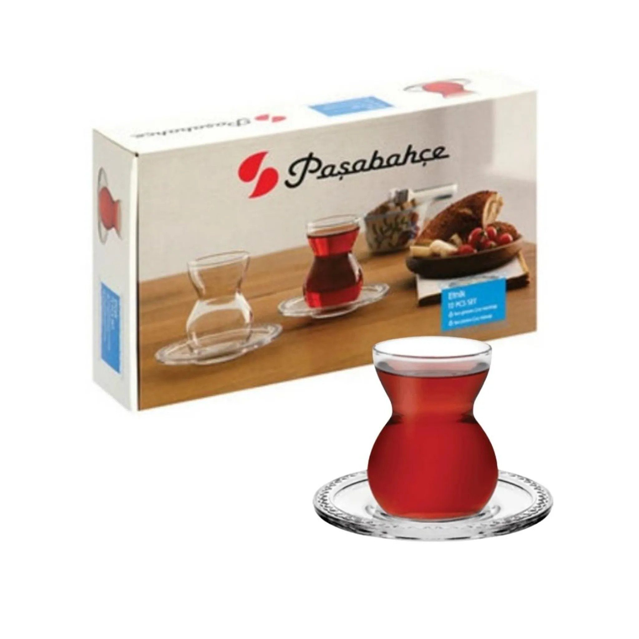 Pasabahce Gläser-Set Etnik, Glas, Teeglas Set 12 Teilig mit Untertassen, Spülmaschinengeeignet