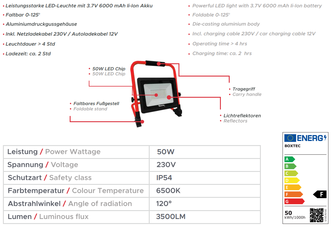 BOXTEC LED Strahler Baustrahler AKKU 50W, 3500lm, 6500K, IP54 , verstellbar, faltbares Bodengestell