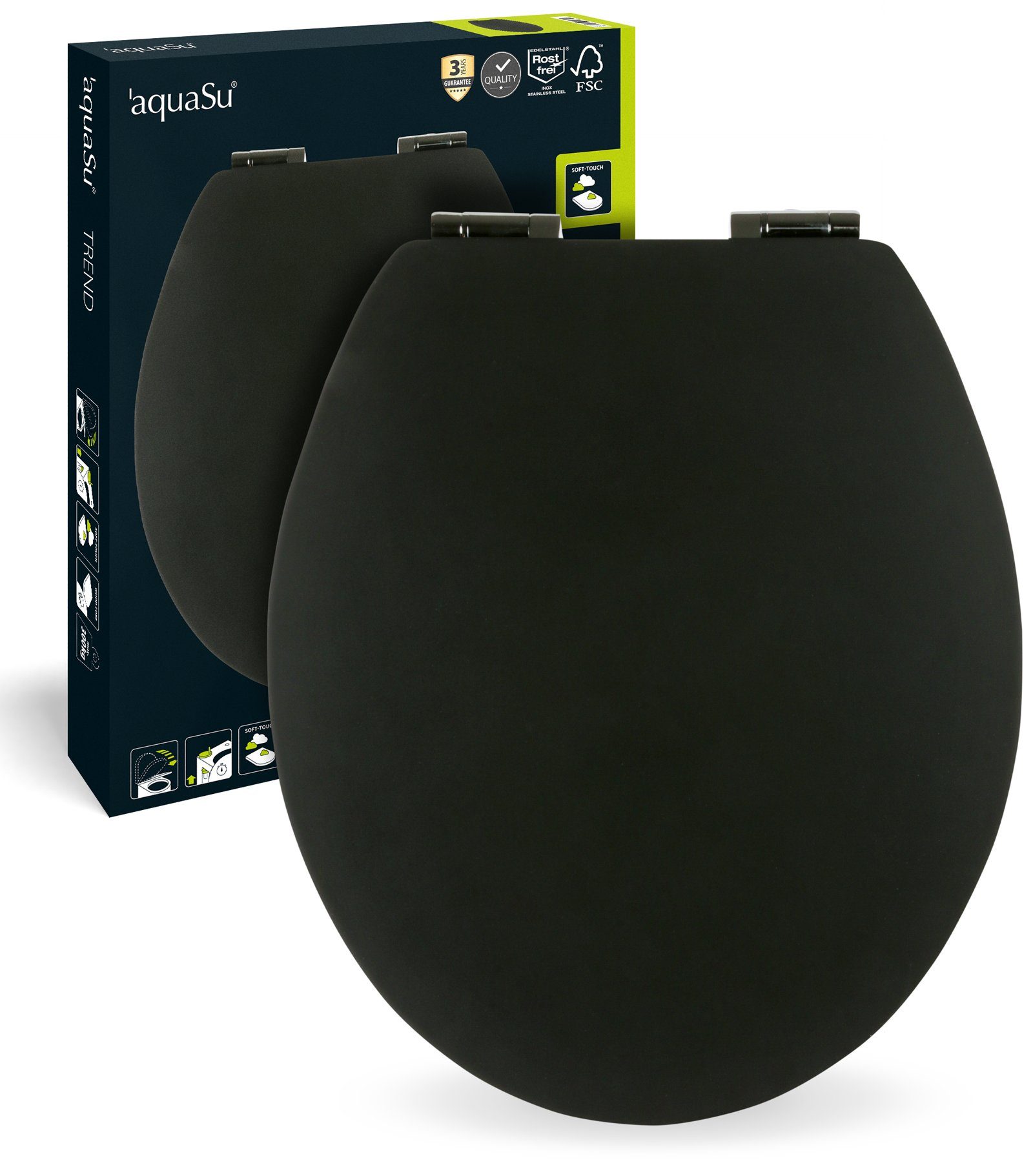 Sitzplatz WC-Sitz Einfarbig, Schwarz, Holzkern, Absenkautomatik, Soft Touch, Montage unten, 403955