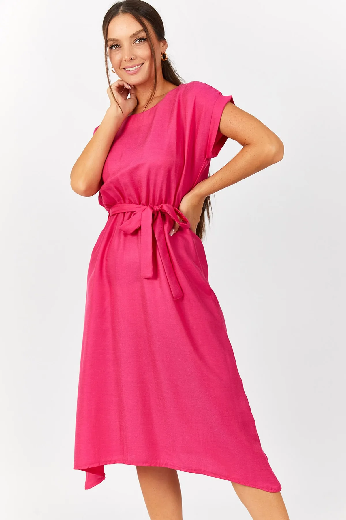 armonika  Fuchsiafarbenes Damenkleid mit elastischem Bindeband ARM-18Y001120