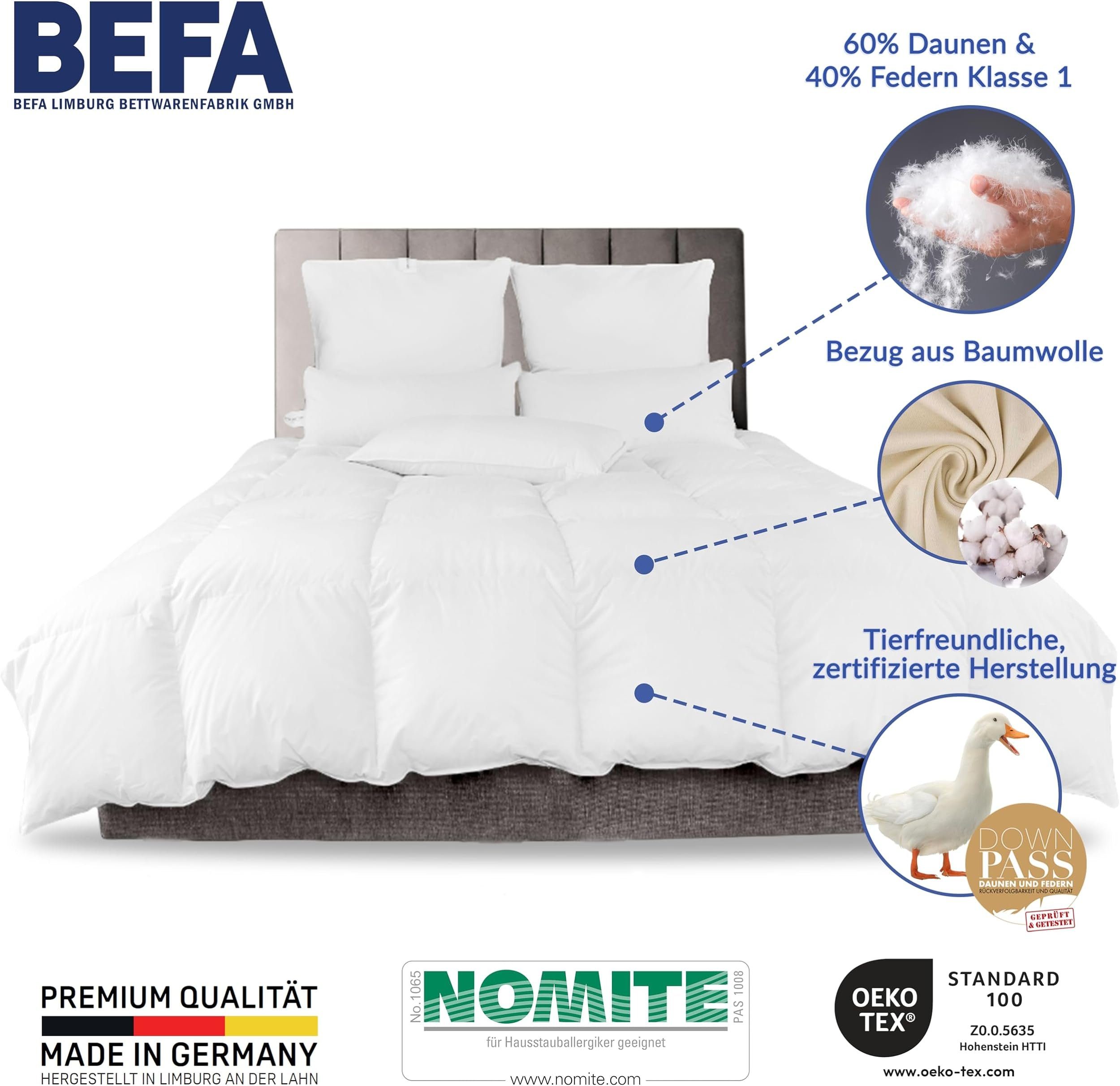 Daunenbettdecke, kuschelig warme Premium-Winterdecke, BEFA NATUR, Füllung: 60% Daunen, 40% Federn, Made in Germany - hochwertige Verarbeitung - Allergiker geeignet