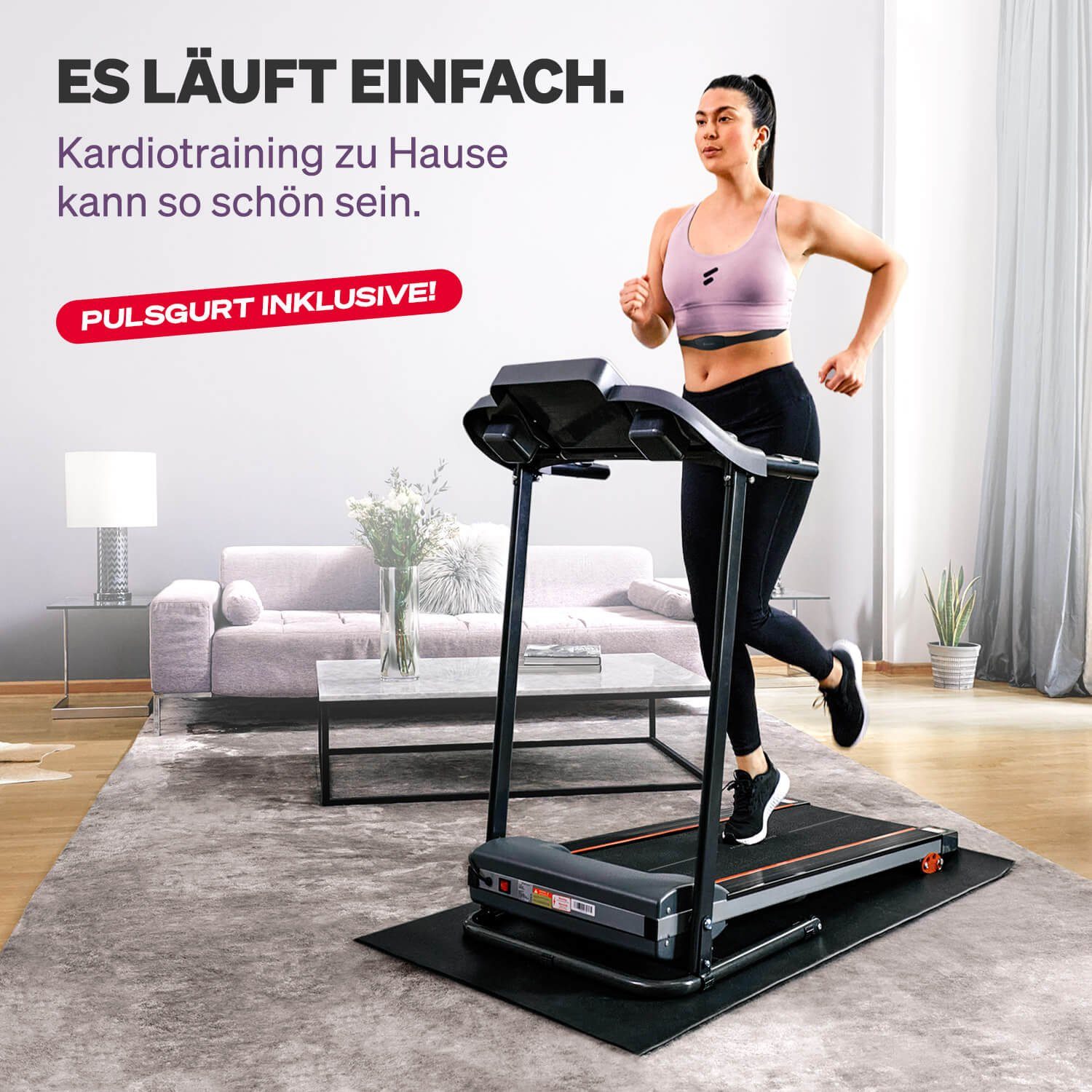 Sportstech Laufband F10, App function + lubrication function + heart rate belt + 13 programs