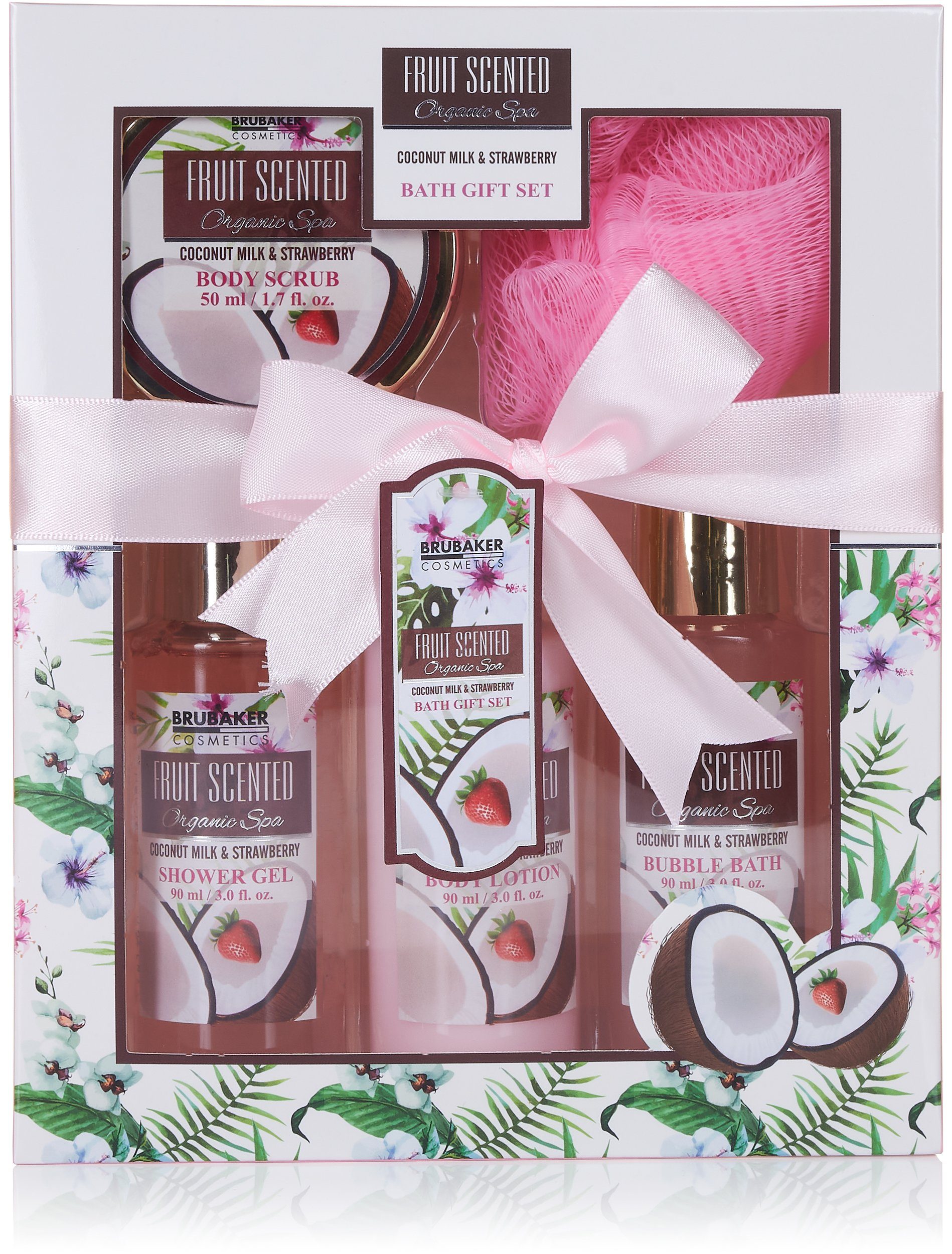 BRUBAKER Pflege-Geschenkset 2 in 1 Pflegeset Erdbeere & Kokosnuss Erdbeere - Wellness Set, 15-tlg., Damen Dusch- und Badeset - Frauen Beauty Geschenkset mit Dekoration