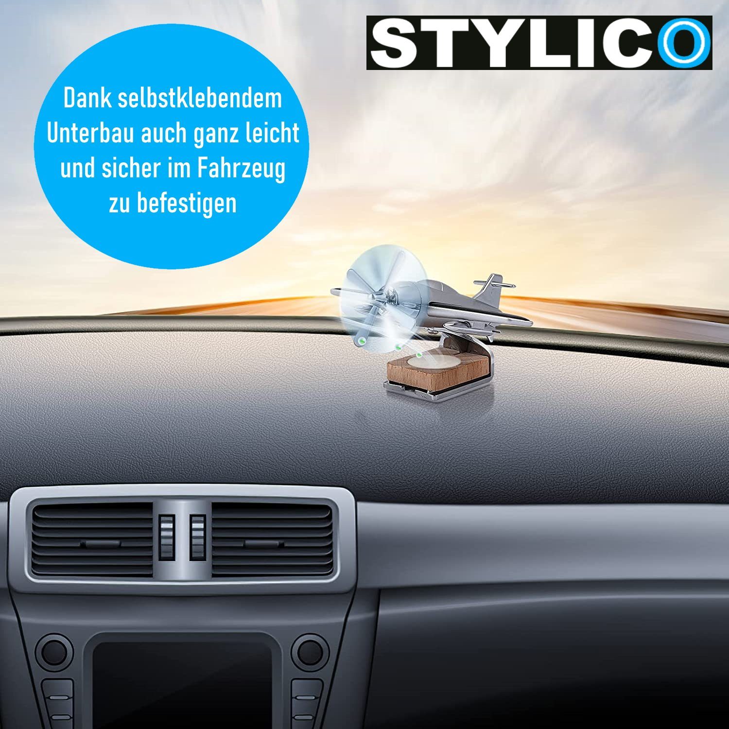 MAVURA Raumduft STYLICO Solar Auto Lufterfrischer Flugzeug Diffuser + ätherischer Öle, Parfüm Mini Solar Flugzeug selbstklebend