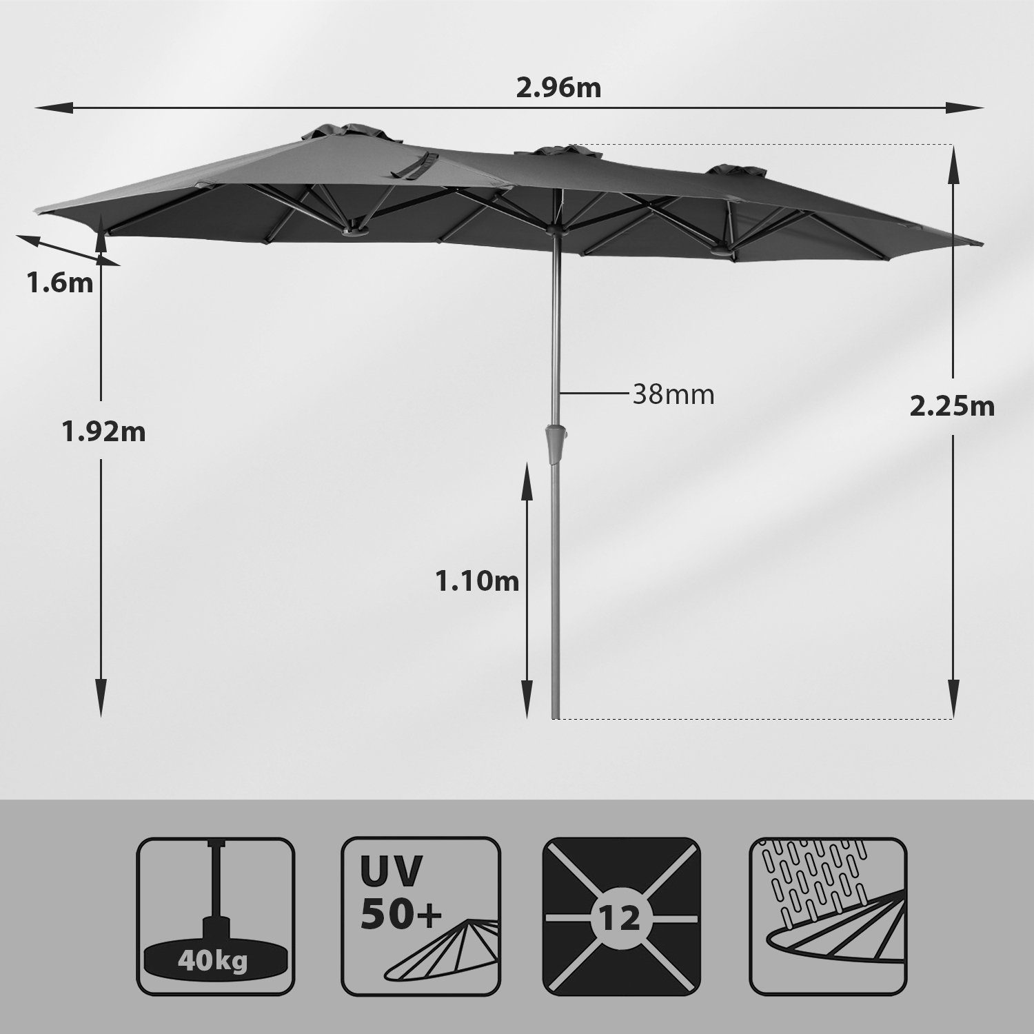 Sekey Sonnenschirm 160 x 300 cm Doppelsonnenschirm Marktschirm Gartenschirm, mit Kurbel, LxB: 300,00x160,00 cm, Sonnenschutz UV50+