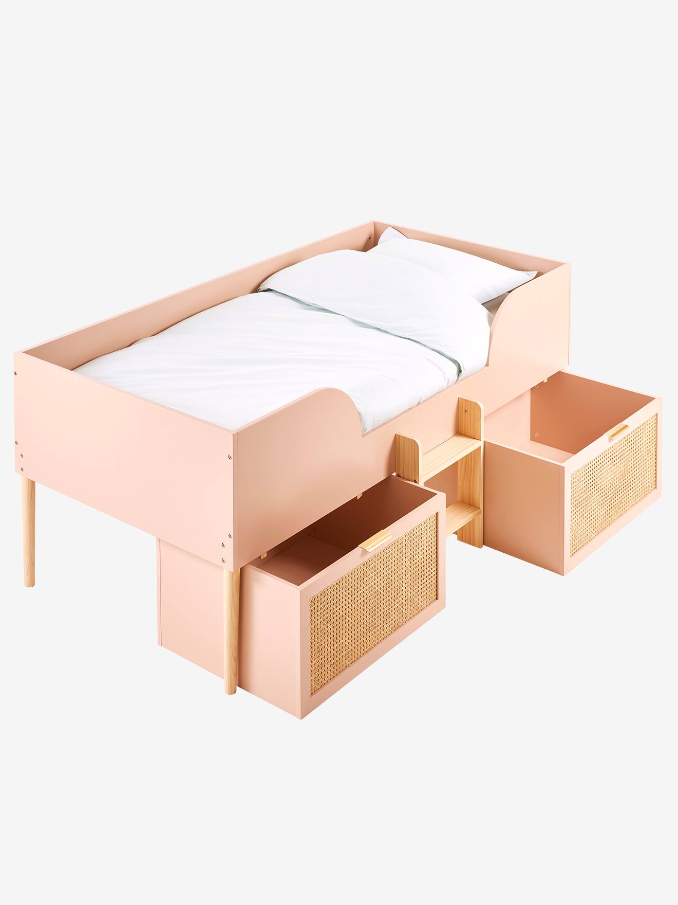 Vertbaudet Kinder Hochbett POESIE, Schubladen mit Rattan - rosa/natur