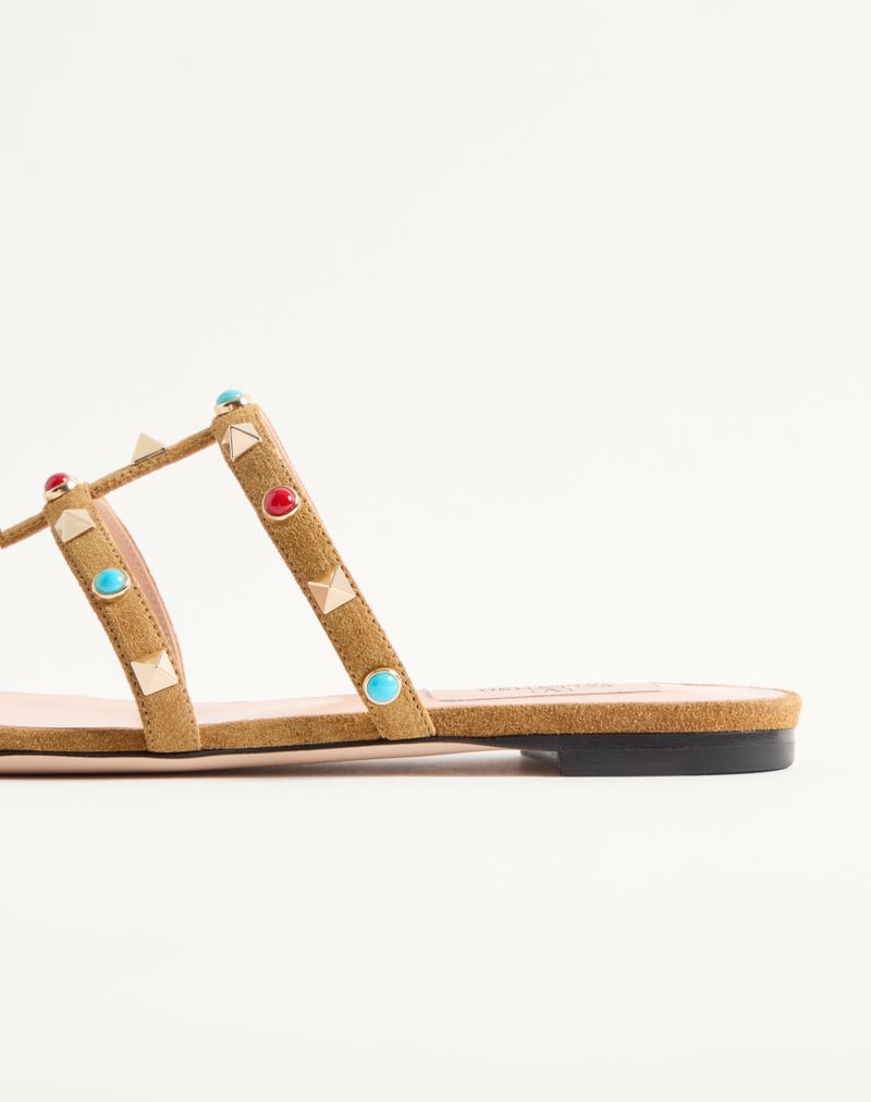 Rockstud Slide Sandal van splitleer met cabochonstenen