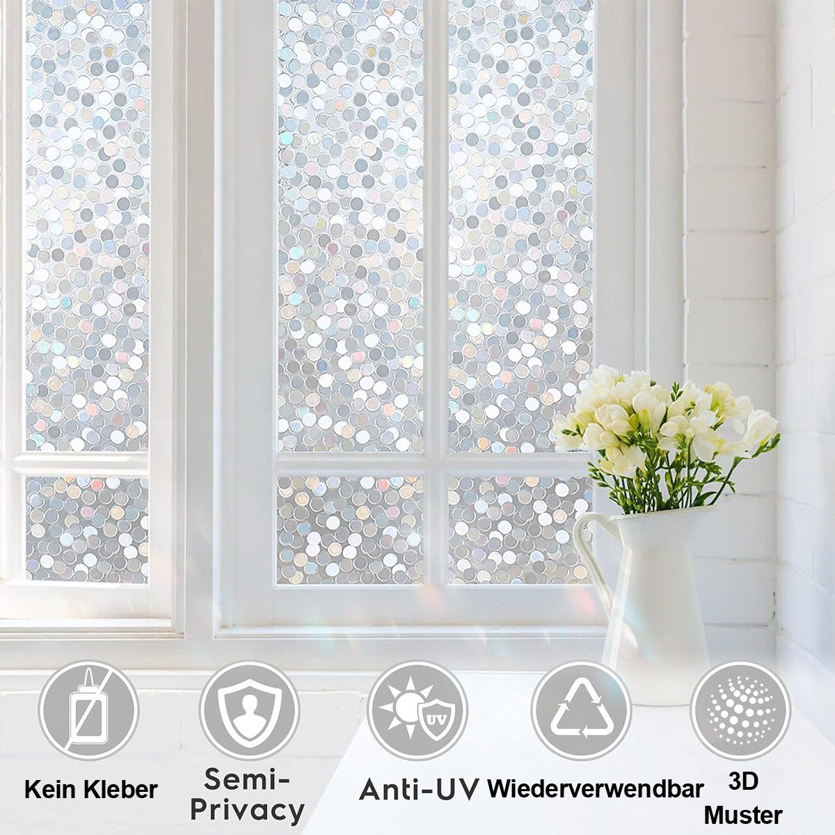 Fensterfolie Regenbogen-Fensteraufkleber - Buntglasdekor und UV-Schutz, flowgoer, Abnehmbare 3D-Glastür- und Fensteraufkleber, 45 cm × 5 m