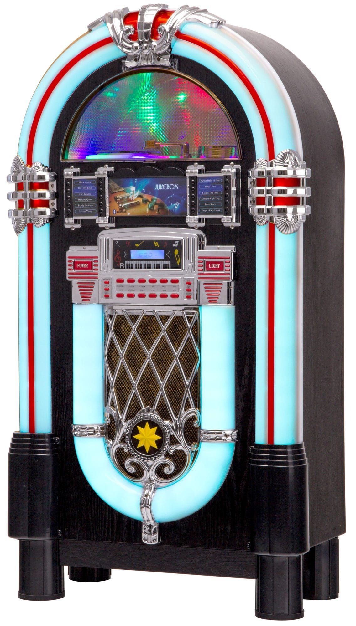 Beatfoxx Lacoon Golden Age Jukebox Set inkl. Untergestell Stereoanlage (UKW/MW-Radio, Retro Musikbox mit LED-Beleuchtung, CD-Player, Bluetooth, USB-SD, AUX)