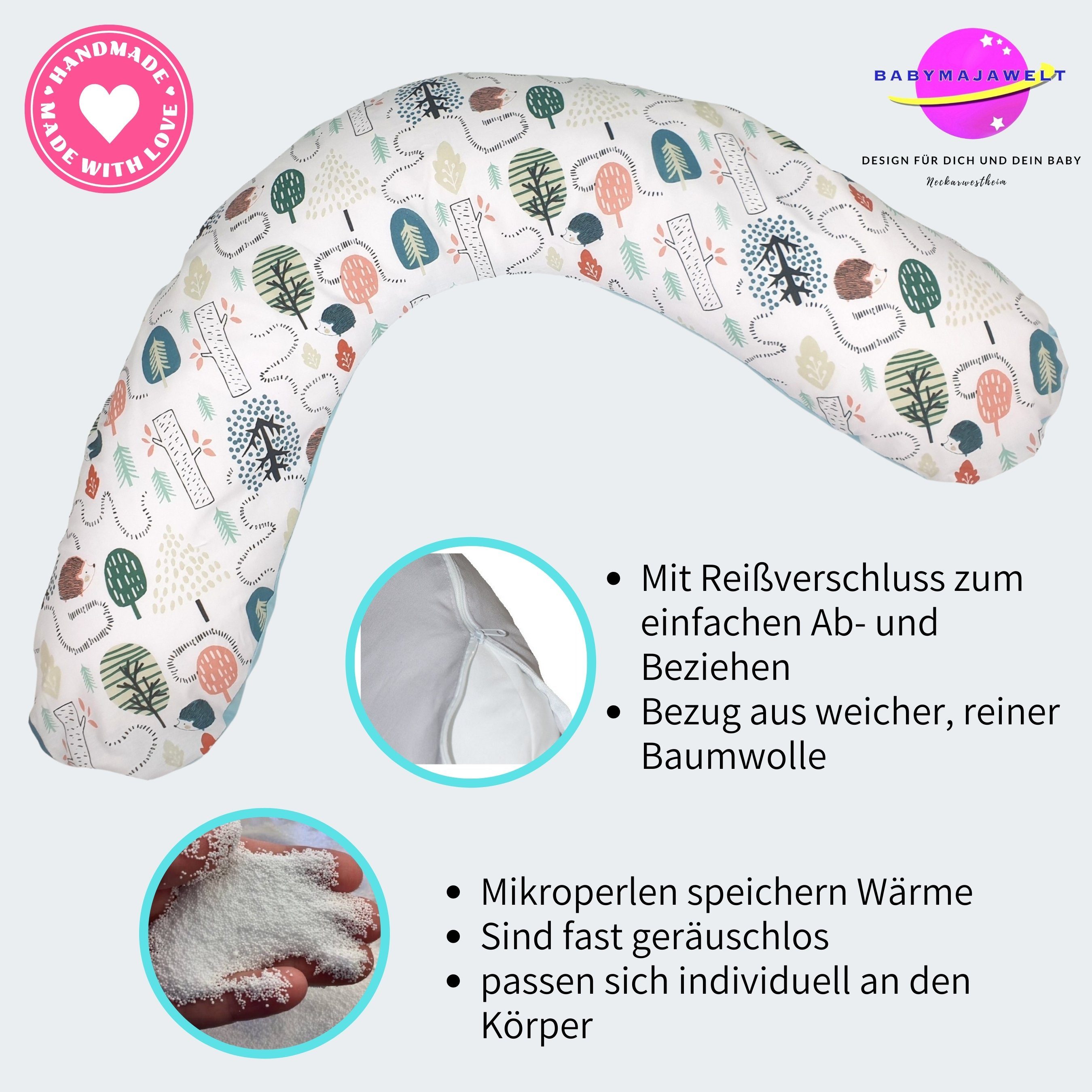 Babymajawelt Stillkissen Stillkissen mit Perlenfüllung, Schwangerschaftskissen, Seitenschläferkissen inkl. Bezug, Mikroperlenfüllung 1-2mm, XL 190x64, Made In EU, Prall gefüllt, Individuell anpassbar