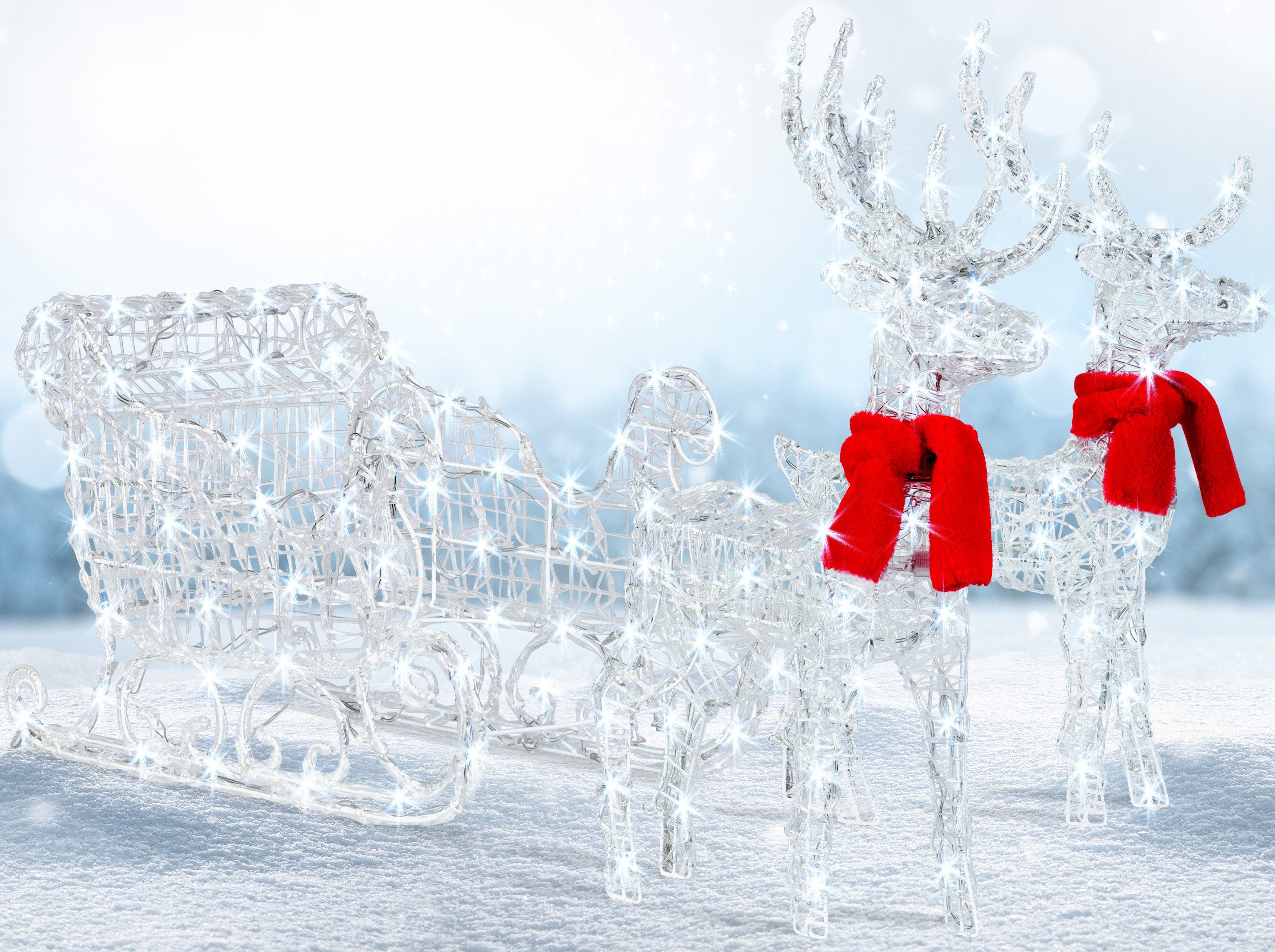 KESSER Weihnachtsfigur, 240er LED Rentiere Schlitten weiß Timer Weihnachtsbeleuchtung