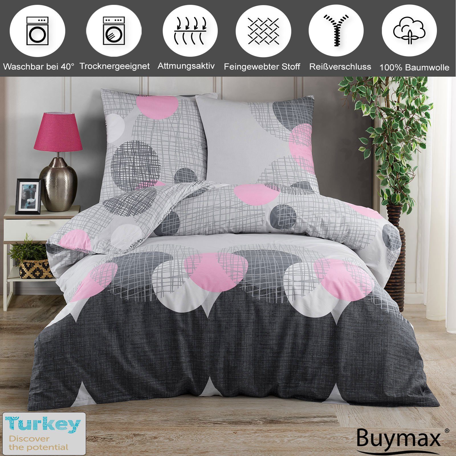 Bettwäsche, Buymax, Renforcé, 2 teilig, 100% Baumwolle Renforce Kissenbezug 80x80 cm mit Reißverschluss Kreise Muster, Grau Rosa