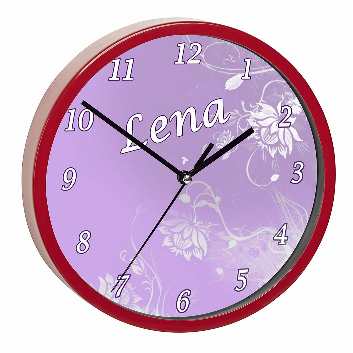 Kinder Wanduhr laufruhig personalisiert mit Name Blumenranke Lila